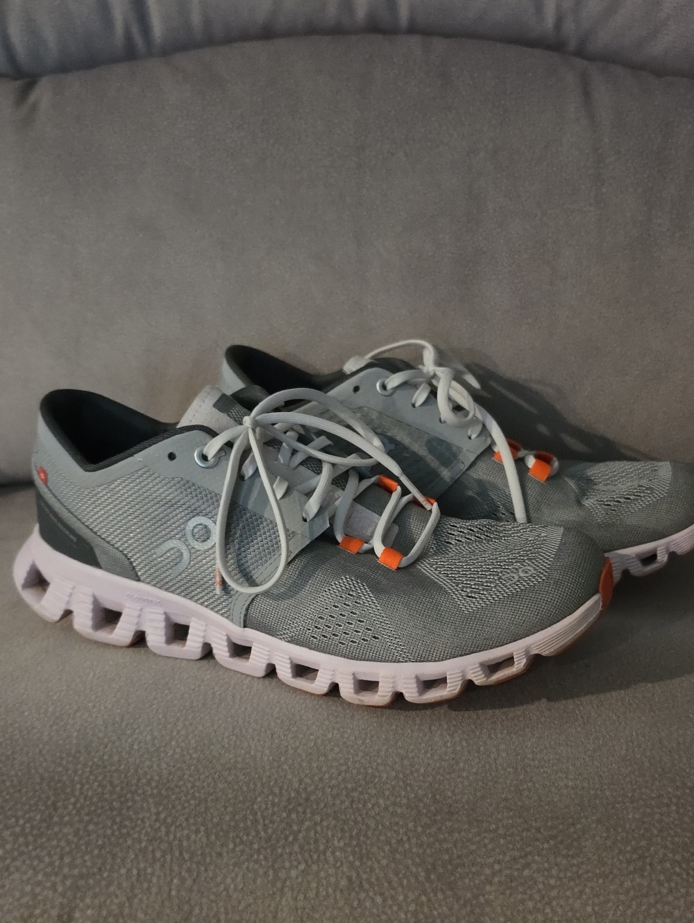 On Running Cloud X Alloy Gray & Pink with Orange Accents - Womens 7.5